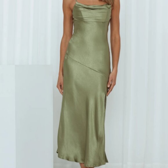 A Little Whisper Satin Midi Dress Olive - Picture 3 of 9